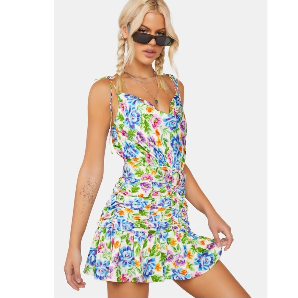 For Love & Lemons Miranda Belted Matte Satin Mini Dress Size Small NWT Floral